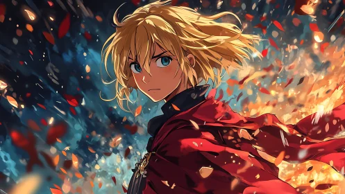 Blond anime figure in red cloak amid falling embers and leaves.