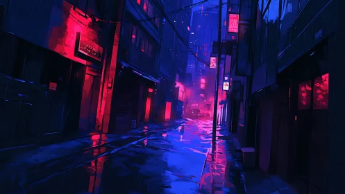 Neon rain alleyway reflects electric magenta and cobalt light.