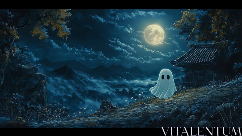 Cute ghost drifts along moonlit mountain temple path.