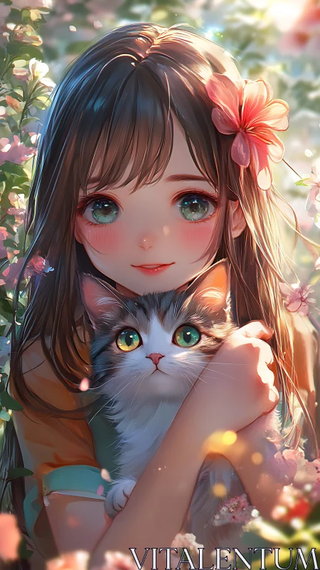 Sunlit garden moment with bright eyed girl and kitten.