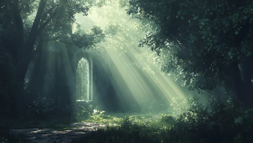 Sunlit forest ruin where morning light feels like magic.