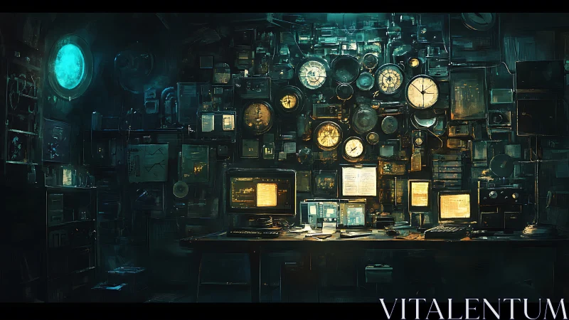 Cozy steampunk command desk glowing with clocks and screens.