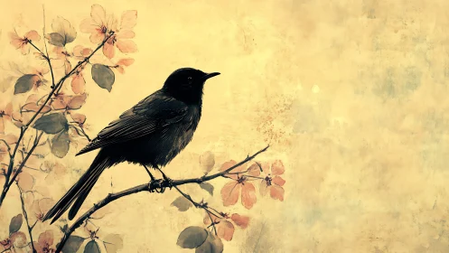 Songbird silhouette on blossom branch against aged sky.