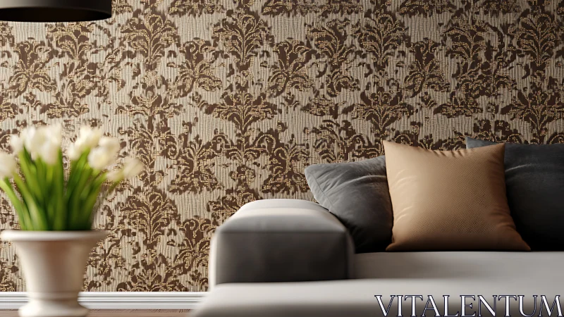 Modern sofa set against ornate brown damask wallpaper.