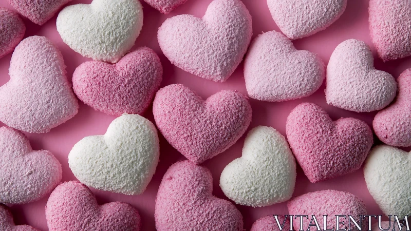 Pink and white heart-shaped confections on monochromatic background.