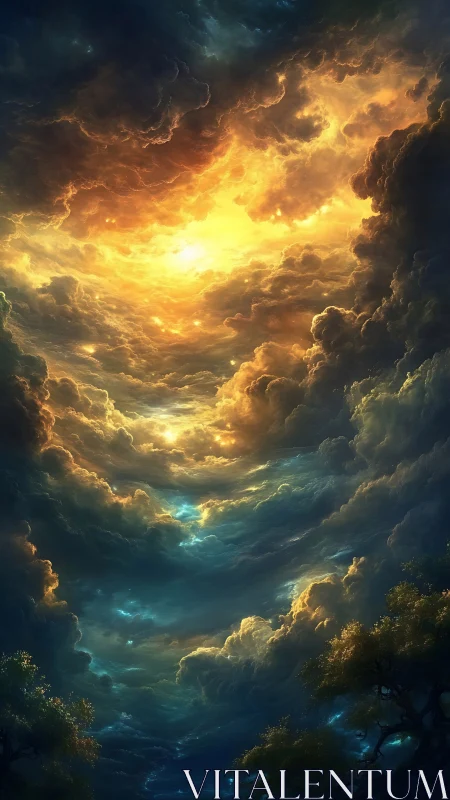 Dramatic storm clouds swirling around glowing sky portal.