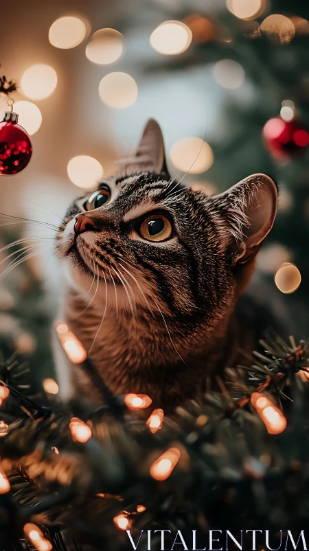 Curious tabby cat studies Christmas bauble amid bokeh lights
