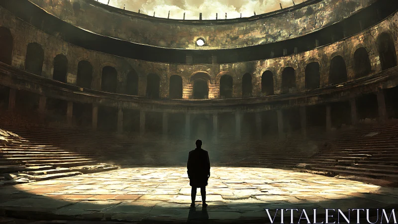 Lone figure stands in vast ancient stone arena interior.