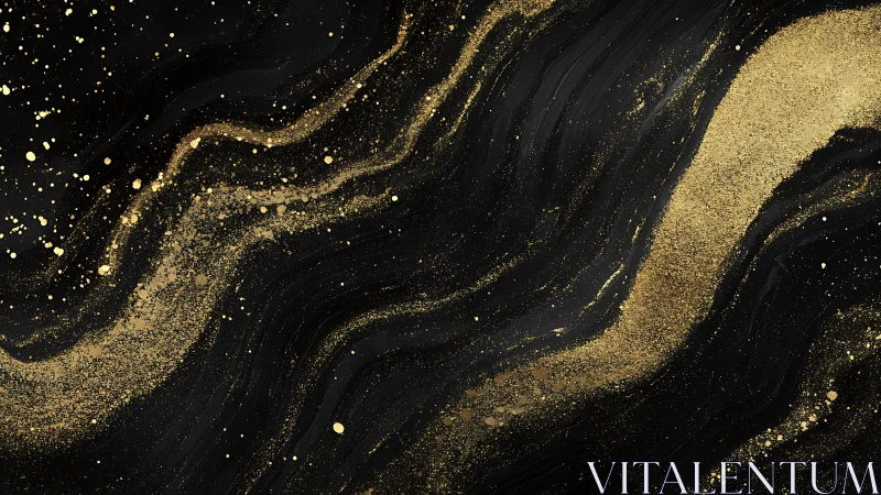 Abstract black background with flowing gold glitter streaks, modern style.