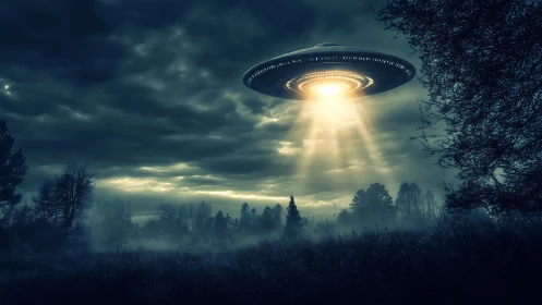 Nocturnal forest clearing illuminated by hovering saucer craft