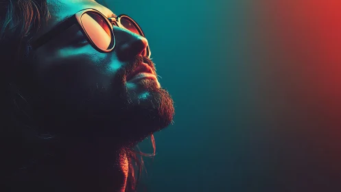 Neon-lit portrait captures reflective mood in bold color contrast.