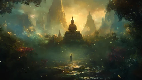 Golden Buddha temple crowns misty forest valley at dawn.