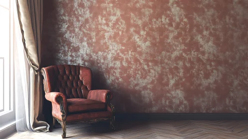 Tufted leather armchair against textured faux finish wall