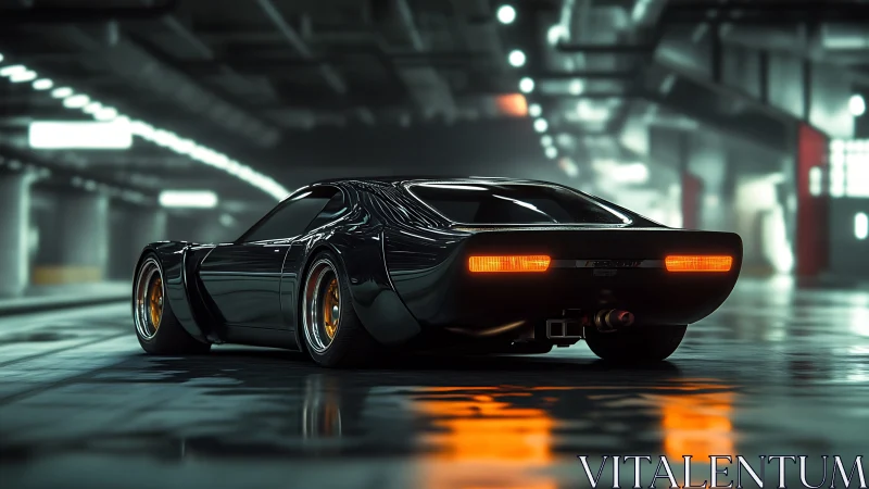 Midnight muscle machine idling in neon-soaked concrete cathedral.