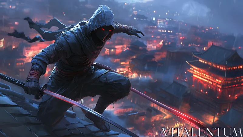 Hooded ninja crouches on rooftop above neon-lit night city