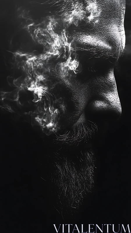 Profile portrait of bearded man with smoke in monochrome.