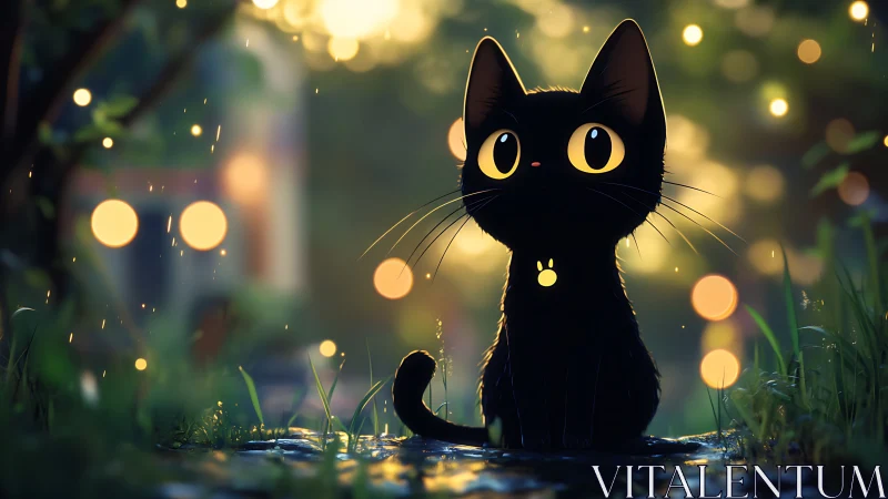 Black kitten with glowing collar in bokeh forest evening.