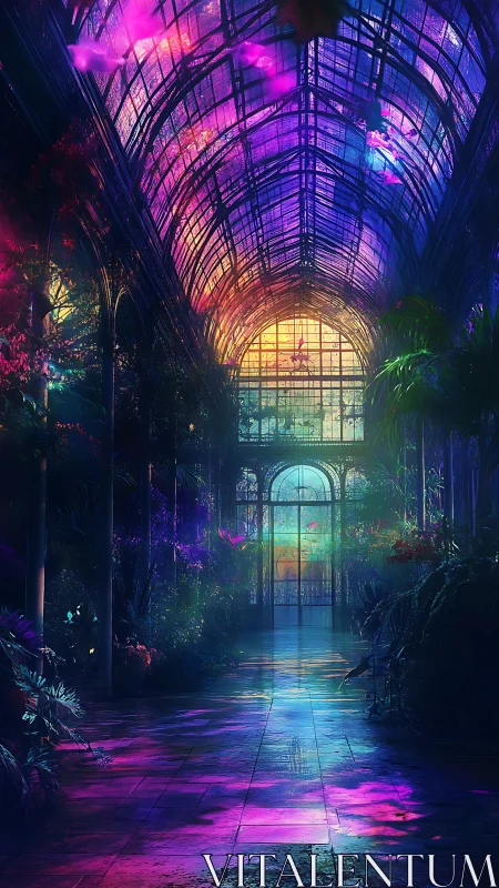Spectral glasshouse corridor with prismatic atmospheric lighting.