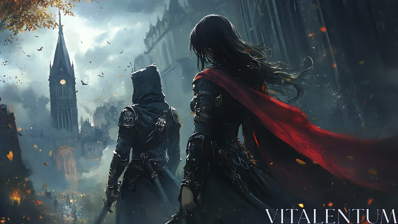 Cloaked figures in gothic cityscape under overcast sky.