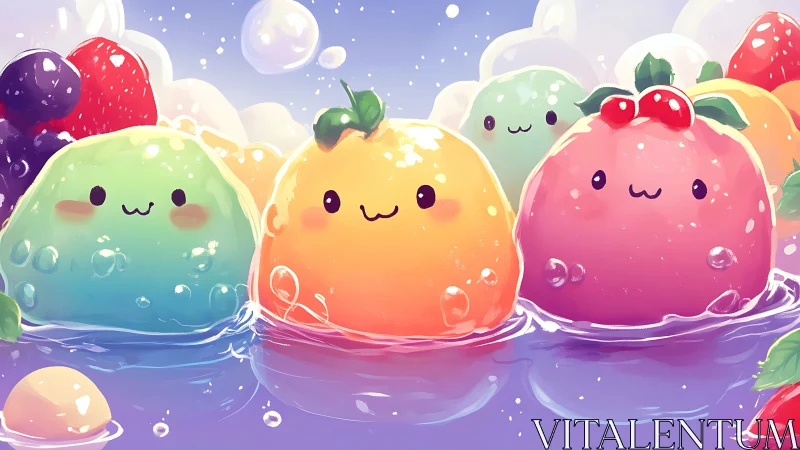 Kawaii fruit jelly characters in pastel water scene.