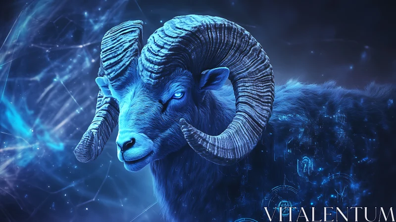 Celestial blue ram gazes calmly through a glowing cosmic haze