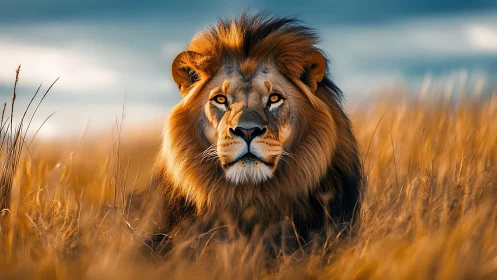 Majestic lion rests in golden savanna dusk light.