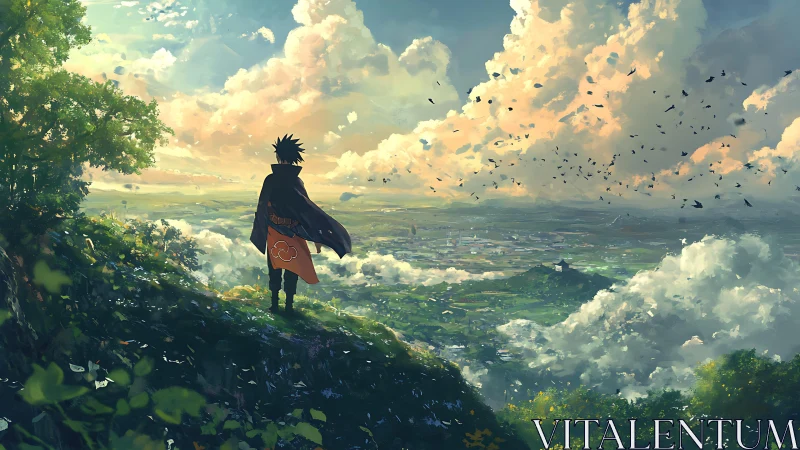 Cloaked wanderer surveying a sky-swept emerald valley horizon.