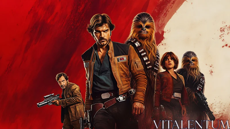 Scruffy space rogues stride through a bloodred galactic storm.