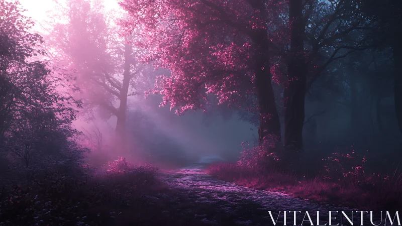 Luminescent Forest Pathway: Magenta-Silhouetted Arboreal Tunnel with Atmospheric Volumetric Light.