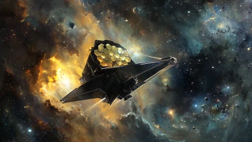 James Webb telescope framed by blazing cosmic nebulae.
