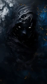 Shrouded shadow figure watches quietly from swirling darkness