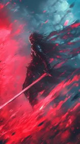 Stormlit swordsman strides through rising crimson wildfire