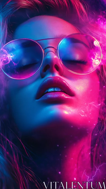 Neon-lit portrait captures euphoric escape in electric color haze