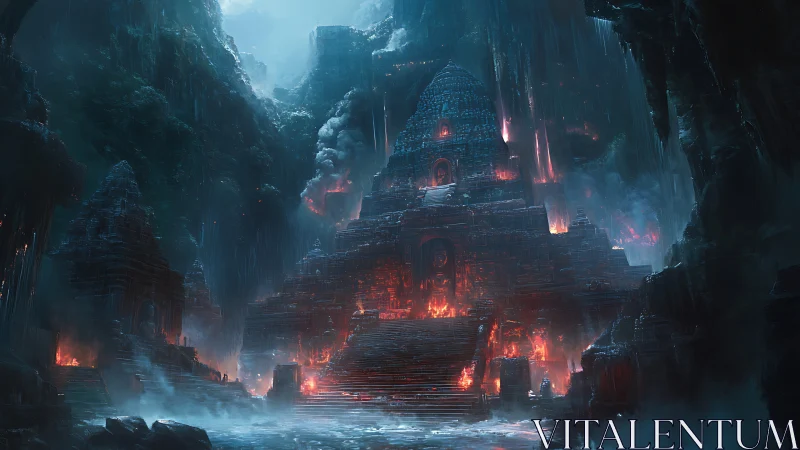 Tiered stone temple with interior fires in misted cavern.