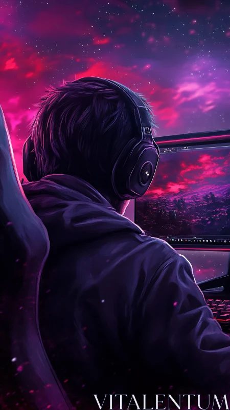 Gamer wearing headphones faces ultrawide monitor in neon glow