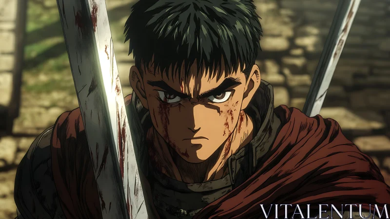 Armored swordsman with bloodstained blade in stone street.