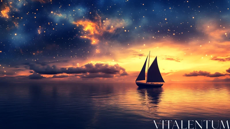 Sailing vessel moves across calm sea under dense starfield