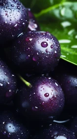 Juicy dark grapes glisten with dew against vivid green leaves