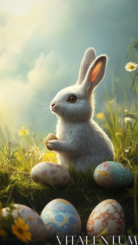 Gentle spring rabbit pauses among softly painted Easter eggs
