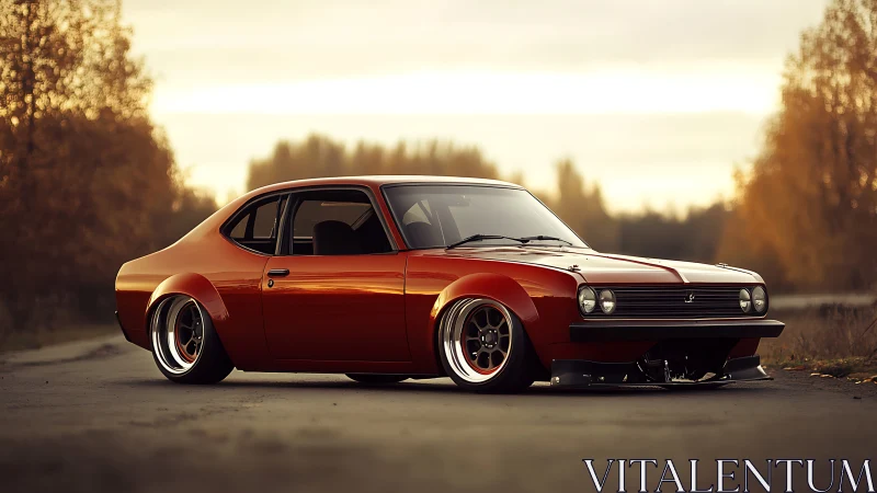 Sunset-stanced classic coupe glowing on a quiet autumn road.