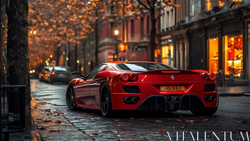 Photorealistic red supercar on wet cobblestone boulevard at dusk.