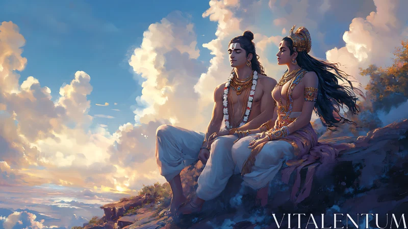 Divine couple in contemplative pose under luminous cloudscape