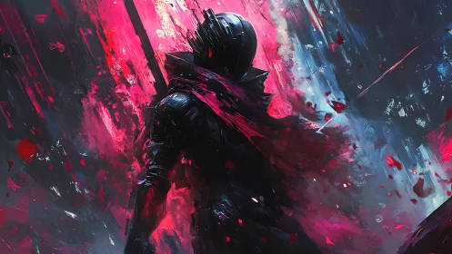 Mysterious armored warrior strides through glowing neon storm