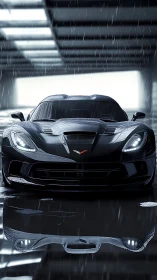 Storm-lit sports car waiting in the rain-slicked tunnel.