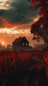 Haunted farmhouse rises over blood-red twilight cornfield.