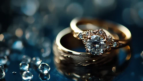 Diamond engagement ring sparkles amid golden wedding bands.