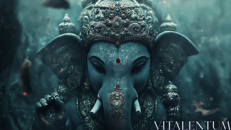 Digital rendering of ornate blue Ganesha idol in mystic haze