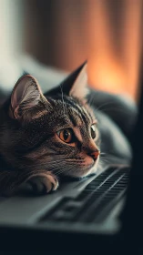Tabby cat at keyboard with warm amber-lit background.