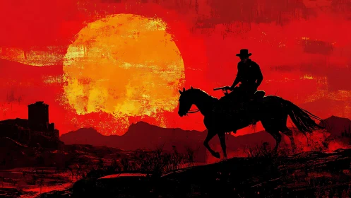 Lone cowboy silhouette against intense red sunset sky.