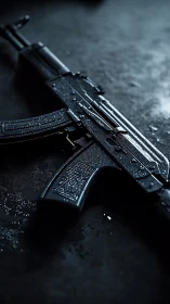 Rain-slick rifle rests in cinematic blue steel silence